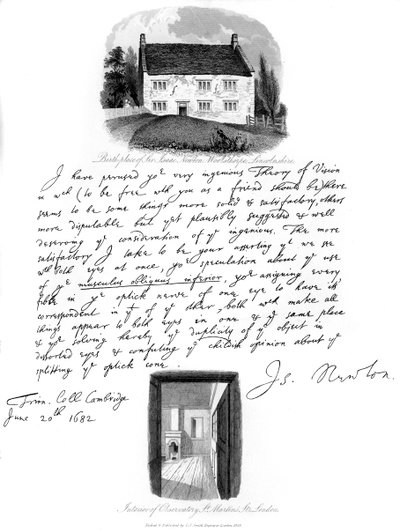 Kirje Isaac Newtonilta ja näkymä hänen syntymäpaikastaan Woolsthorpessa, Lincolnshiressä, 1682, 1840. tekijältä Isaac Newton