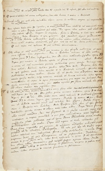 Tallenne kokeesta kuudessa vaiheessa alkaen tislauksesta, jota seuraa polttaminen, jatkotislaus, keittäminen, kalsinointi ja sublimaatio, n. 1700 tekijältä Isaac Newton