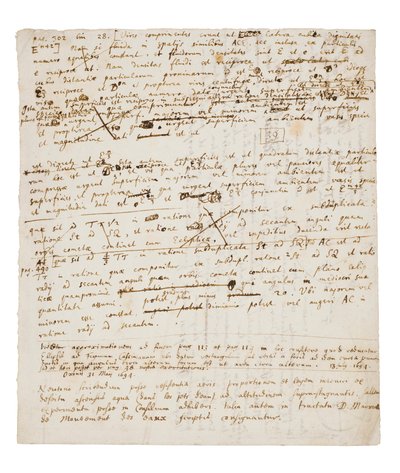 Kaksi sivua revisioita Principia Mathematicaan tekijältä Isaac Newton
