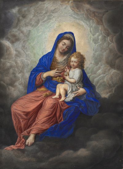 Madonna ja lapsi kunniassa n. 1605–1617 (guassi ja wc perunakalvolla) tekijältä Isaac Oliver