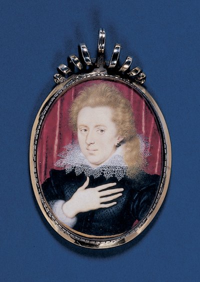 Nuoren herrasmiehen muotokuva, n. 1615 (akvarelli persukankaalla, hopeakullattu kehys) tekijältä Isaac Oliver