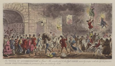 "Majoitustalo" Flamesissa! (värillinen kaiverrus) tekijältä Isaac Robert (after) Cruikshank