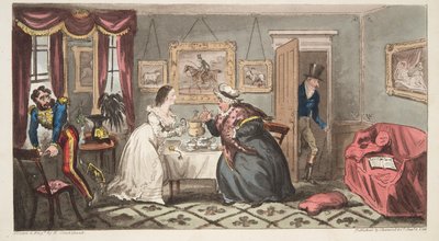A Bath Beau ja Frail Belle tai herra B. ja neiti L. The English Spy -pubista. 1824 (käsinvärinen kaiverrus) tekijältä Isaac Robert Cruikshank
