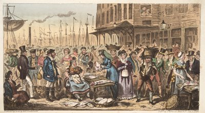 Frolic in High Life tai käynti Billingsgatessa, The English Spy, pub. 1824 (käsinvärinen kaiverrus) tekijältä Isaac Robert Cruikshank