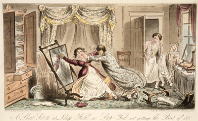 Lyhyt Set at Longs Hotel tai Stop-Ford ei saada paras siitä, alkaen Englanti Spy, pub. 1824 (käsin väritetty kaiverrus). tekijältä Isaac Robert Cruikshank