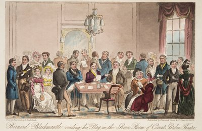 Bernard Blackmantle lukee näytelmäänsä Covent Garden Theatrein Green Roomissa, pubista The English Spy. 1824 (käsinvärinen kaiverrus) tekijältä Isaac Robert Cruikshank