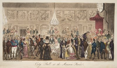 City Ball Mansion Housessa, The English Spy -pubista. 1824 (käsinvärinen kaiverrus) tekijältä Isaac Robert Cruikshank