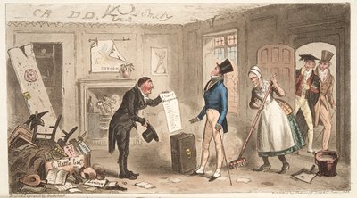 College Comforts, fuksi, joka ottaa huoneet haltuunsa, The English Spy -pubista. 1824 (käsinvärinen kaiverrus) tekijältä Isaac Robert Cruikshank