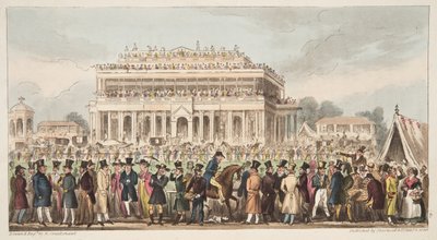 Doncasterin kilparata Great St. Leger Race -kilpailun aikana, 1824, julkaisusta The English Spy, pub. 1824 (käsin väritetty kaiverrus) tekijältä Isaac Robert Cruikshank