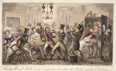Perhemiehet syyllistyneet, tai piispan ja hänen kappalaistensa odottamaton vierailu, Englannin vakooja, pub. 1824 (käsinvärinen kaiverrus) tekijältä Isaac Robert Cruikshank