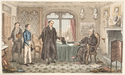 Ensimmäinen kumarrus Alma Materille, eli Bernard Blackmantlesin esittely isoon peruukkiin, The English Spy -julkaisusta, julkaistu Lontoossa, 1824 (käsinvärinen kaiverrus) tekijältä Isaac Robert Cruikshank