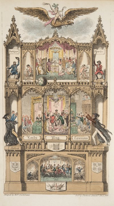 Frontispiece, The English Spy -pubista. 1824 (käsinvärinen kaiverrus) tekijältä Isaac Robert Cruikshank