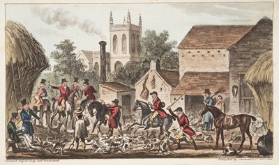 Mennä ulos; Näkymä Berkeley Hunt Kennelistä, The English Spy -julkaisusta 1824 (käsinvärinen kaiverrus) tekijältä Isaac Robert Cruikshank