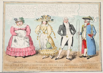 Household Troops, or A Sketch of a Few of a Principal Trustworthy and Confidential Domestics of Worthy and Confiding Families, 1827 (käsinväritetty kaiverrus). tekijältä Isaac Robert Cruikshank