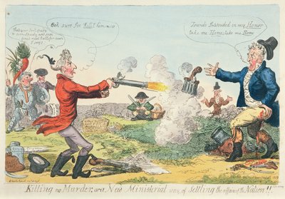 Tappamatta murhaa tai uusi ministeritapa kansakunnan asioiden ratkaisemiseksi!, 1809 (värietsaus) tekijältä Isaac Robert Cruikshank