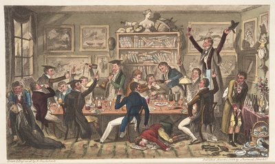 Oxford Transports, or University Exiles, englantilaisesta The English Spy -lehdestä, julkaistu Lontoossa 1824 (käsin väritetty kaiverrus). tekijältä Isaac Robert Cruikshank