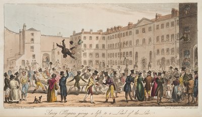 Surrey Collegians nostamassa lain osaa, The English Spy -julkaisusta, julkaistu Lontoossa, 1824 tekijältä Isaac Robert Cruikshank