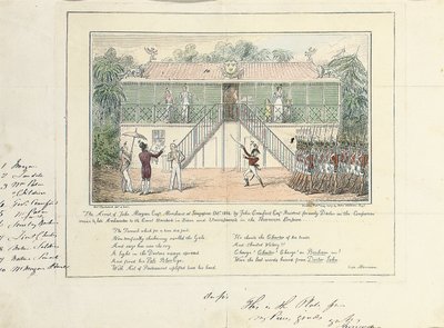 John Morganin pidätys, Merchant, Esq., Singapore, lokakuu 1824, John Crawford Esq., asukas, entinen yrityspalveluiden tohtori, edesmennyt tuomioistuimen suurlähettiläs, Bangkok, Siam ja Umrapoorah, Burman valtakunta, toukokuu 1827 tekijältä Isaac Robert Cruikshank