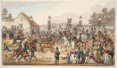 The Arrival, eli läntinen sisäänkäynti Cockney Landiin, Englannin vakoojasta, joka julkaistiin vuonna 1824 (käsinvärinen kaiverrus) tekijältä Isaac Robert Cruikshank