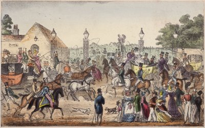 Saapuminen tai läntinen sisäänkäynti Cockney Landiin (värillinen kaiverrus) tekijältä Isaac Robert Cruikshank