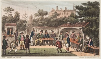 The Bowling Alley, Worcester tai The Characters of the Hand and Glove Club, The English Spy -julkaisusta, julkaistu Lontoossa, 1824 (käsinvärinen kaiverrus) tekijältä Isaac Robert Cruikshank