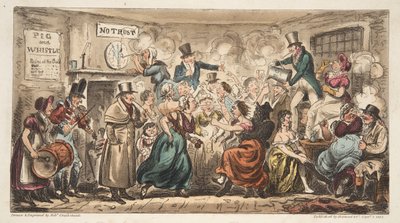 The Buff Club at the Pig and Whistle, Avon Street, Bath, The English Spy -pubista. Lontoo, 1824 (käsinvärinen kaiverrus) tekijältä Isaac Robert Cruikshank