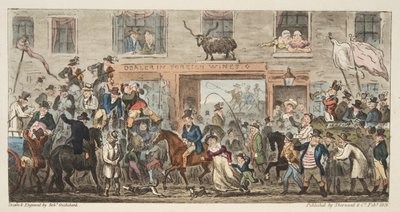 Koominen kulkue englantilaisesta The English Spy -teoksesta, pub. 1824 (käsin väritetty kaiverrus) Gloucester to Berkeley, julkaisusta The English Spy, pub. 1824 (käsin väritetty kaiverrus) tekijältä Isaac Robert Cruikshank