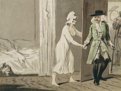 Cuckold lähtee metsästykseen, n. 1800 (kynä ja muste wc:llä paperilla) tekijältä Isaac Robert Cruikshank
