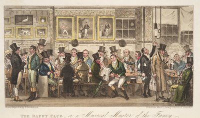 The Daffy Club tai musikaalimusiikki The English Spy -pubista. 1824 (käsinvärinen kaiverrus) tekijältä Isaac Robert Cruikshank