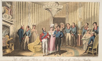 The Evening Party at the Pavilion, Brighton, The English Spy, pub. 1824 (käsinvärinen kaiverrus) tekijältä Isaac Robert Cruikshank