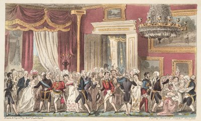 Ilta pyöreässä huoneessa; tai Squeeze at Carlton Palace, The English Spy -pubista. 1824 (käsinvärinen kaiverrus) tekijältä Isaac Robert Cruikshank