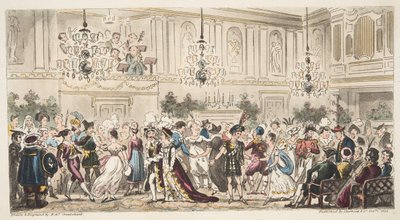 The Fancy Ball at the Upper Rooms, Bath, The English Spy, julkaistu Lontoossa, 1824 tekijältä Isaac Robert Cruikshank