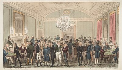 The Great Subscription Room Brookesissa, The English Spy -pubista. 1824 (käsinvärinen kaiverrus) tekijältä Isaac Robert Cruikshank