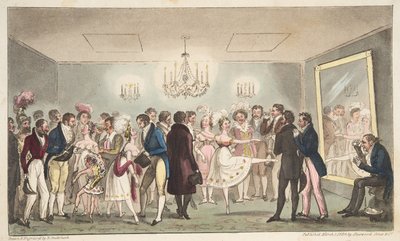 The Green Room of the Kings Theatre tai Jaloamatöörit katselemassa ulkomaisia uteliaisuutta, pubista The English Spy. 1824 (käsinvärinen kaiverrus) tekijältä Isaac Robert Cruikshank