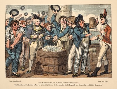 The Honest Tars and Marines of The Argonaut, pub. 1798 (käsin väritetty kaiverrus) tekijältä Isaac Robert Cruikshank