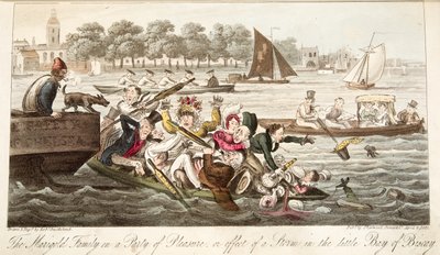 Marigold Family in the Party of Pleasure, tai myrskyn vaikutus pienellä Biskajanlahdella, The English Spy, pubista. 1824 (käsinvärinen kaiverrus) tekijältä Isaac Robert Cruikshank