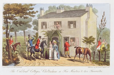 Oakland Cottages, Cheltenham, tai Fox Hunters ja heidän suosikkinsa, Charles Westmacottin "The English Spy" -teoksesta, julkaistu 1825 tekijältä Isaac Robert Cruikshank