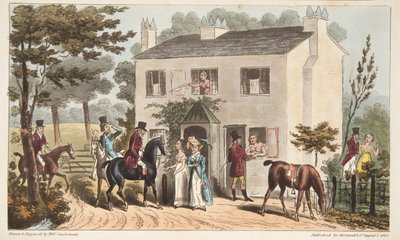 Oakland Cottages, Cheltenham tai Fox Hunters ja heidän suosikkinsa, The English Spy -pubista. 1824 (käsinvärinen kaiverrus) tekijältä Isaac Robert Cruikshank