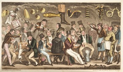 The Oppidans Museum tai Eton Court of Claims at the Christopher, The English Spy, julkaistu Lontoossa, 1824 tekijältä Isaac Robert Cruikshank