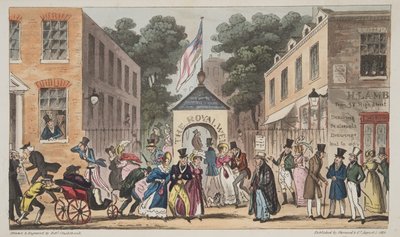The Royal Wells, Cheltenham tai Kylpylävesien aiheuttamat kouristukset, julkaisusta The English Spy, pub. 1824 (käsin väritetty kaiverrus) tekijältä Isaac Robert Cruikshank