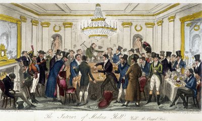 Modern Hallin sisustus - Charles Molloy Westmacottin "" The English Spy -kirjassa", piirustus Robert Cruikshank, London Edition tekijältä Isaac Robert Cruikshank