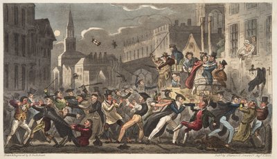 Town and Gown, The English Spy -pubista. 1824 (käsinvärinen kaiverrus) tekijältä Isaac Robert Cruikshank
