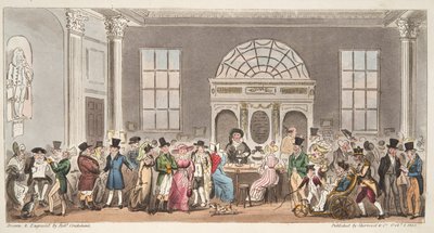 Tunnetut vierailijat Pump Roomissa, Bathissa, siemailemassa kuningas Bladudin kanssa, The English Spy -pubista. 1824 (käsinvärinen kaiverrus) tekijältä Isaac Robert Cruikshank