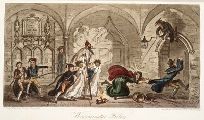 Westminster Frolics, The English Spy -pubista. 1824 (käsinvärinen kaiverrus) tekijältä Isaac Robert Cruikshank