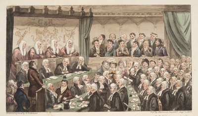 Westminster Hall, The English Spy -pubista. 1824 (käsinvärinen kaiverrus) tekijältä Isaac Robert Cruikshank