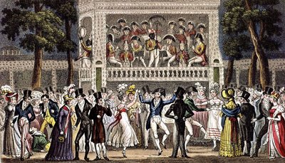 Ball Vauxhall Gardenissa Lontoossa c. 1830, kaiverrus tekijältä Isaac Robert & George (1792 1878) Cruikshank