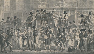 Outside White Horse Cellar, Piccadilly, 1821, 1920. Taiteilijat: Isaac Robert Cruikshank, George Cruikshank. tekijältä Isaac, Robert and George Cruikshank