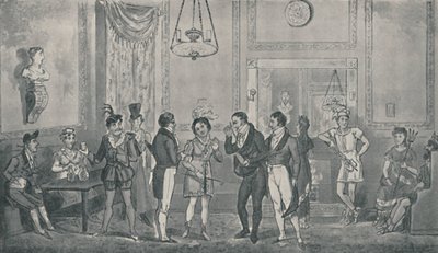 The Green Room Drury Lane -teatterissa, 1821, 1920. Taiteilijat: Isaac Robert Cruikshank, George Cruikshank. tekijältä Isaac, Robert and George Cruikshank