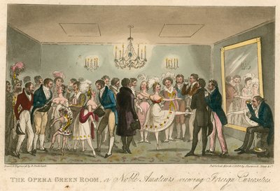 Oopperan vihreä huone eli jalot amatöörit katselemassa ulkomaisia kuriositeetteja tekijältä Isaac, Robert and George Cruikshank