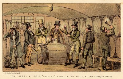 Tom, Jerry ja Logic maistelemassa viiniä metsässä London Docksissa tekijältä Isaac, Robert and George Cruikshank
